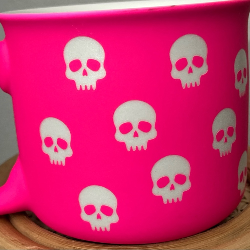 SKULLS White Soft Touch Matte Pink Ceramic Mug Cup Halloween Spooky Eccolo NEW